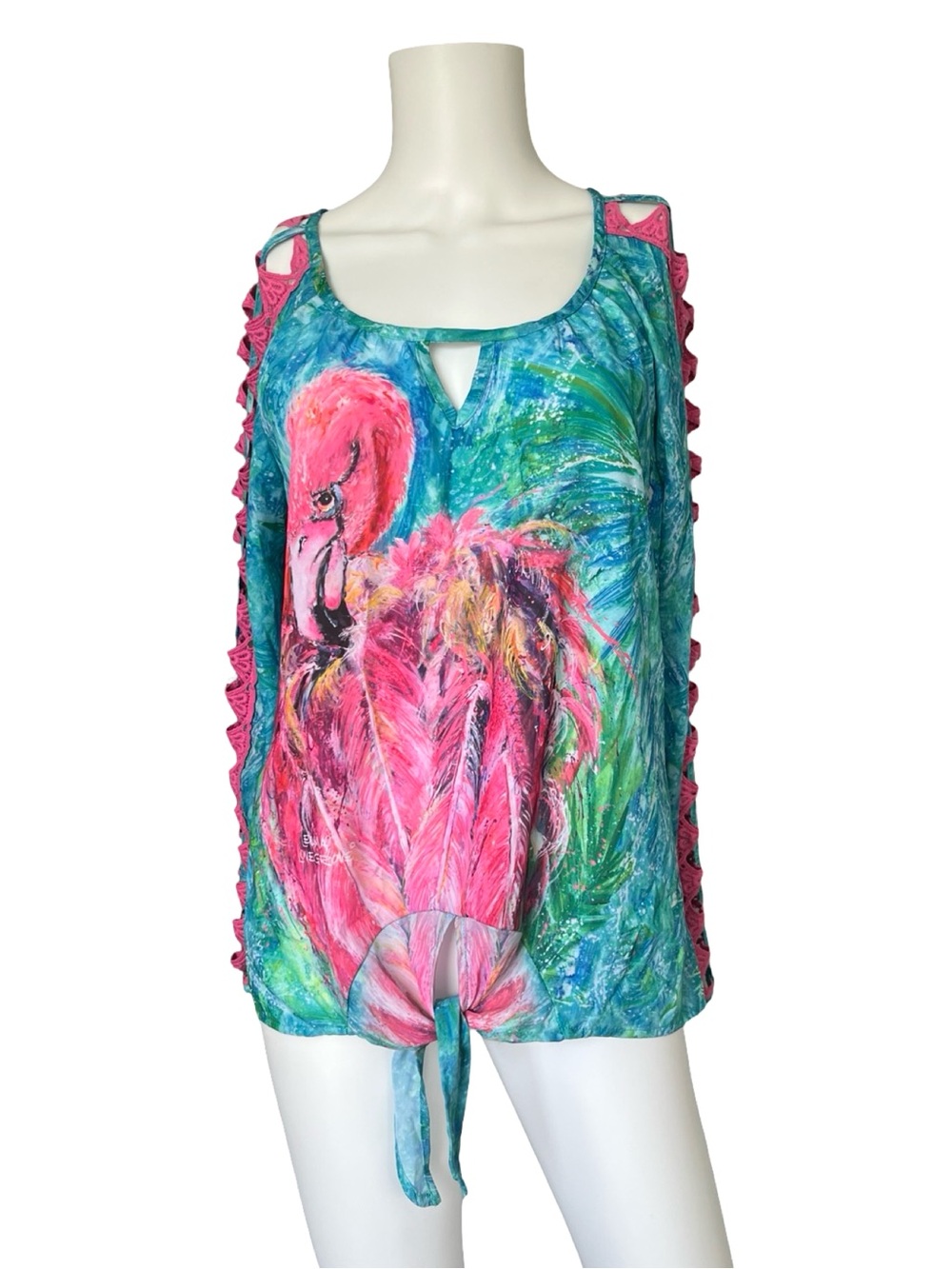 Leoma Lovegrove Tunic Blouse Blue Green Semi Sheer Flamingo Artsy Size Medium